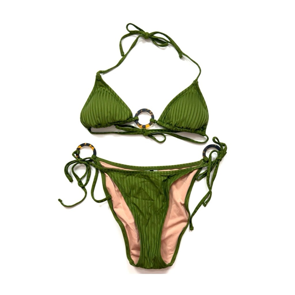 J. Crew Olive Green Ribbed Triangle Bikini with Tortoiseshell Rings